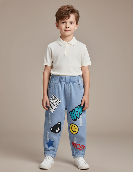 Pantalon Baggy Jean Bleu Décontracté Ample Imprimé Garçon