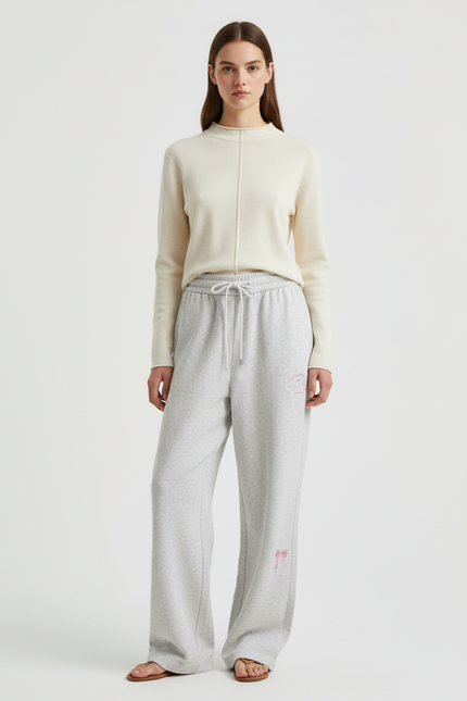 Pantalon Baggy Gris Coton Ample Brodé Décontracté Femme - Molleton
