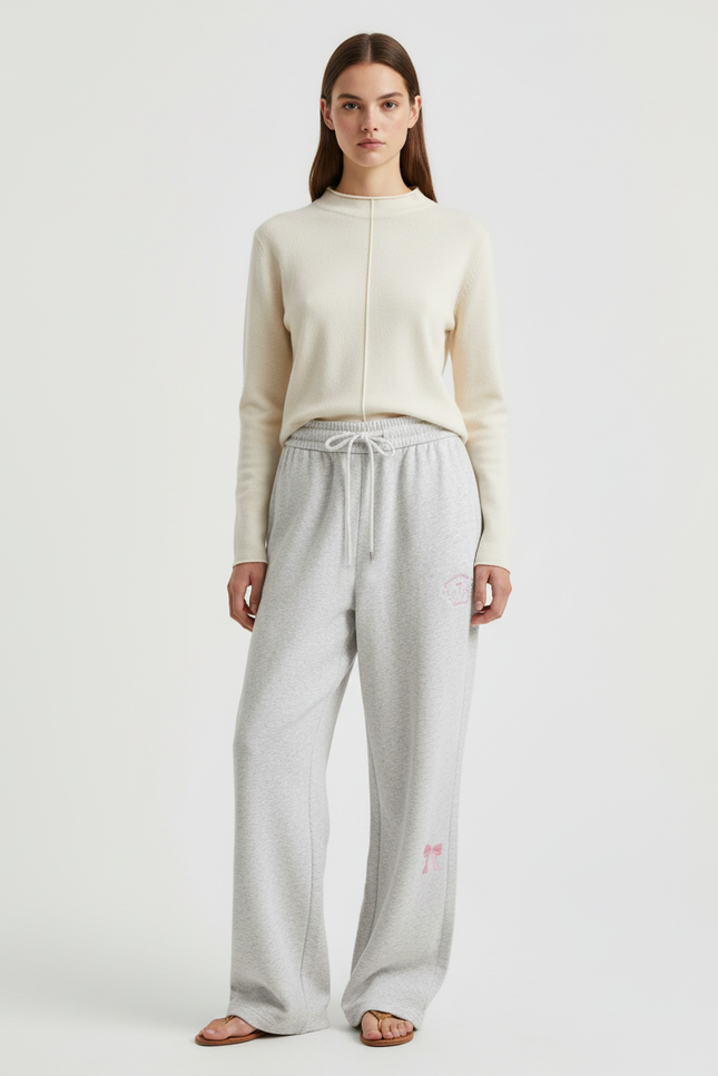 Pantalon Baggy Gris Coton Ample Brodé Décontracté Femme - Molleton