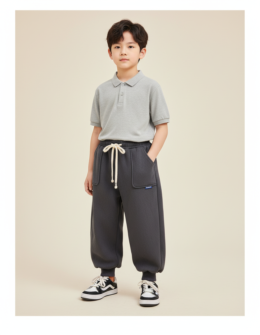 Pantalon Baggy Gris Foncé Molletonné Confortable Garçon