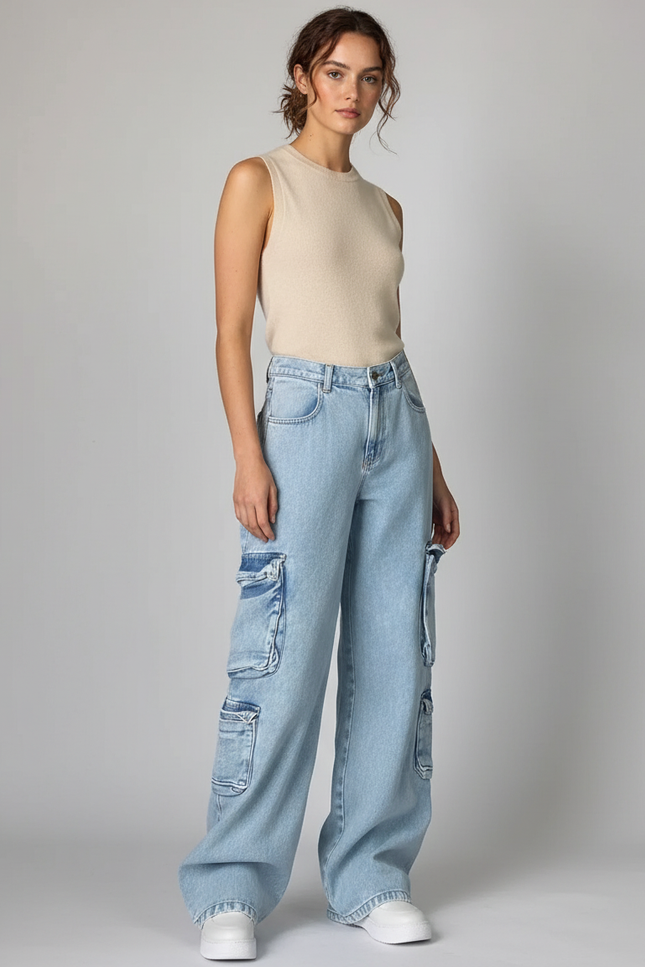 Pantalon Baggy Jean Bleu Cargo Ample Décontracté