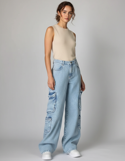 Pantalon Baggy Jean Bleu Cargo Ample Décontracté