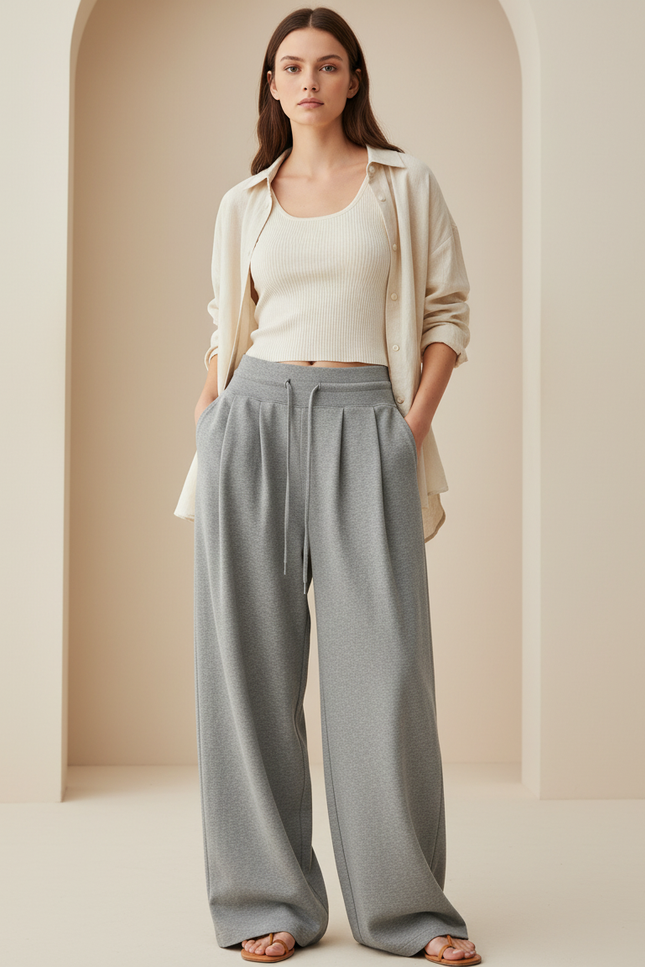 Pantalon Baggy Gris Ample Fluide Décontracté Femme - Molleton
