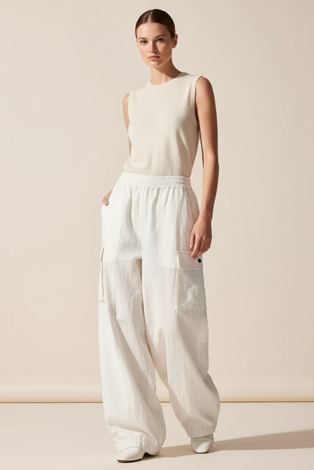 Pantalon Baggy Blanc Cargo Ample Lin Décontracté Femme