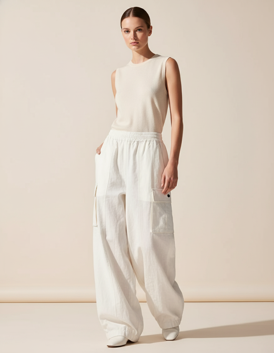 Pantalon Baggy Blanc Cargo Ample Lin Décontracté Femme