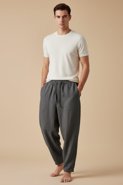 Pantalon Baggy Gris Coton Lin Ample Décontracté Homme