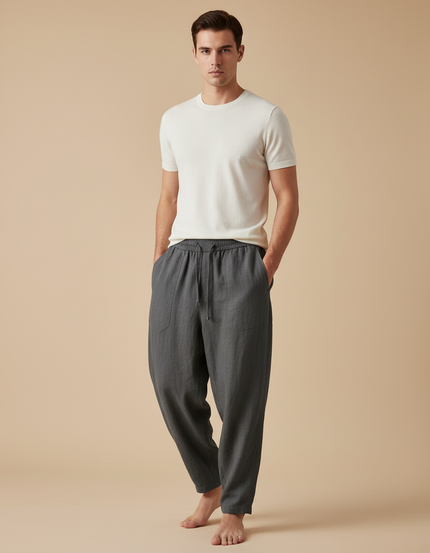 Pantalon Baggy Gris Coton Lin Ample Décontracté Homme