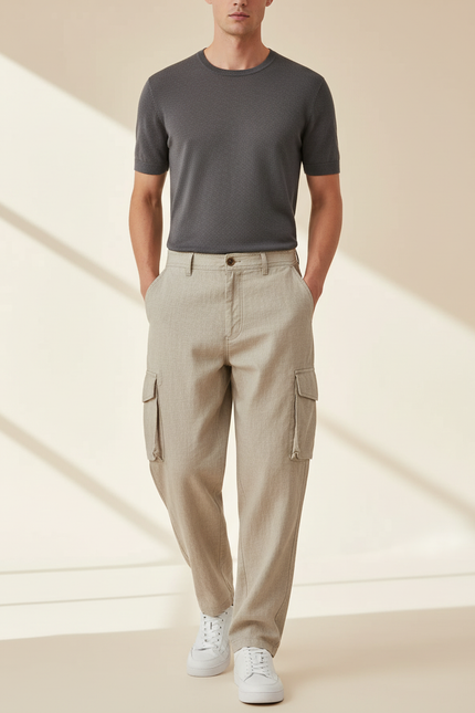 Pantalon Baggy Beige Coton Cargo Décontracté Homme - Toile