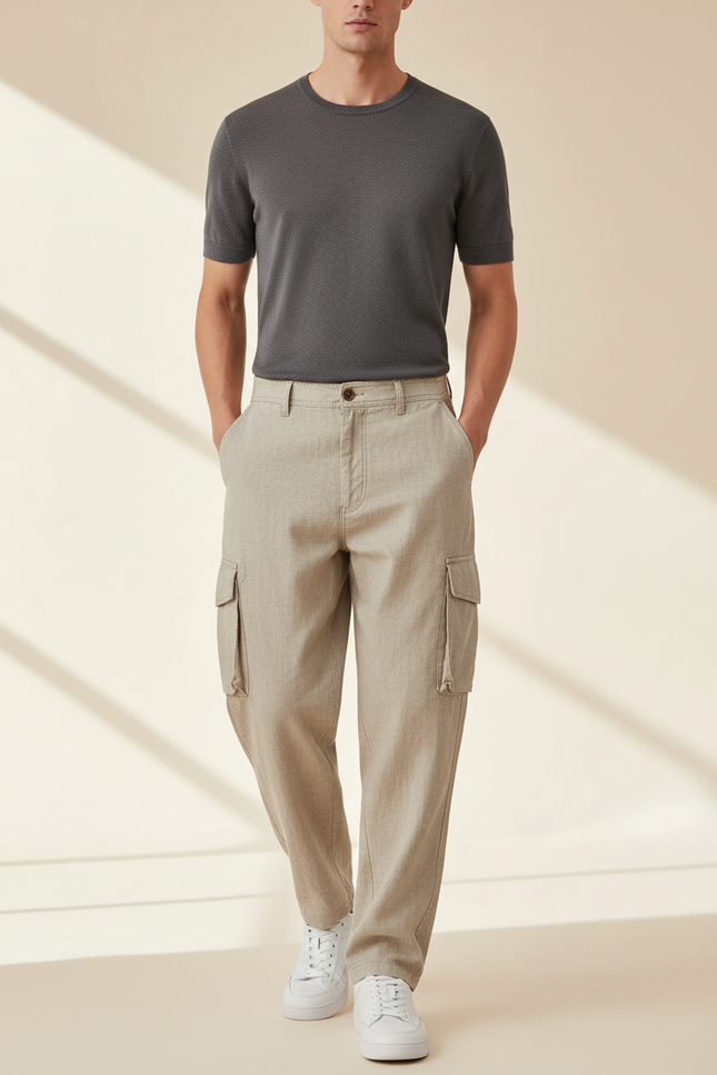 Pantalon Baggy Beige Coton Cargo Décontracté Homme - Toile