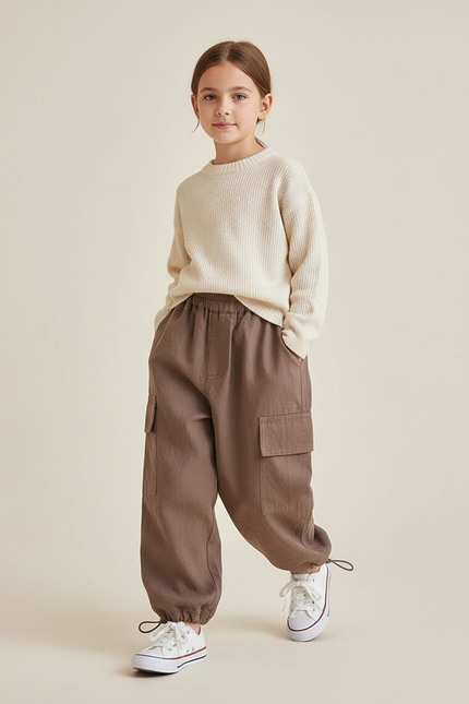Pantalon Baggy Cargo Marron Cordon Serrage Confortable Enfant - Toile