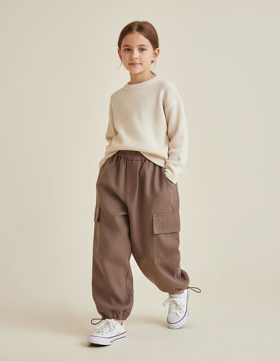 Pantalon Baggy Cargo Marron Cordon Serrage Confortable Enfant - Toile