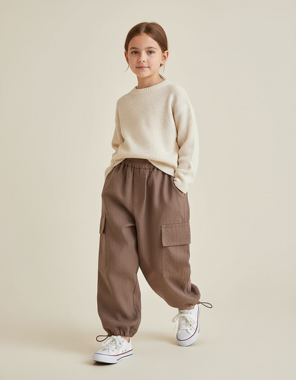 Pantalon Baggy Cargo Marron Cordon Serrage Confortable Enfant - Toile