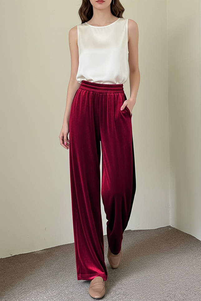 Pantalon Baggy Velours Rouge Ample Taille Haute - Bordeaux