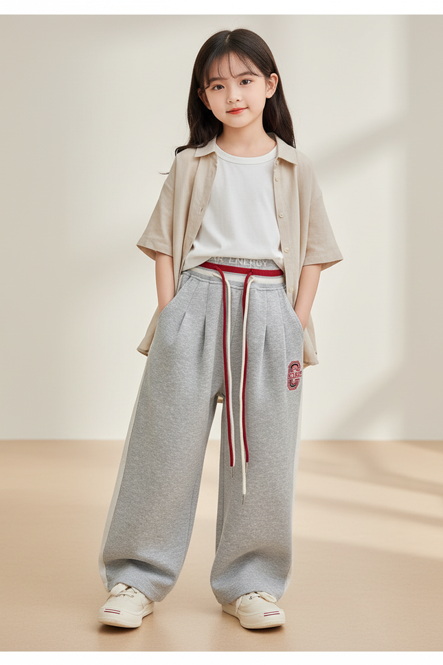 Pantalon Baggy Gris Large Cordon Décontracté Fille - Molleton