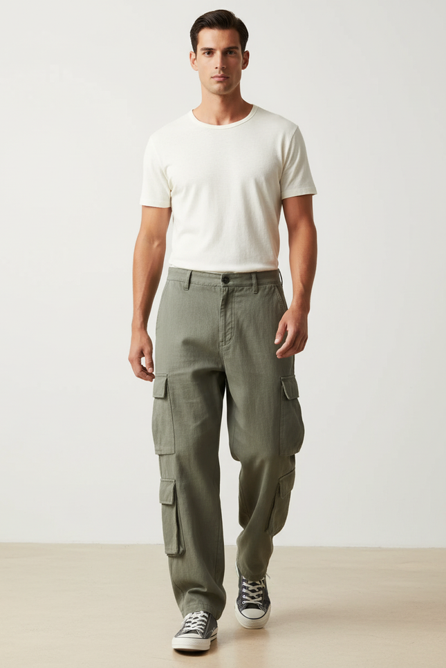 Pantalon Baggy Cargo Vert Ample Coton Homme - Kaki Toile
