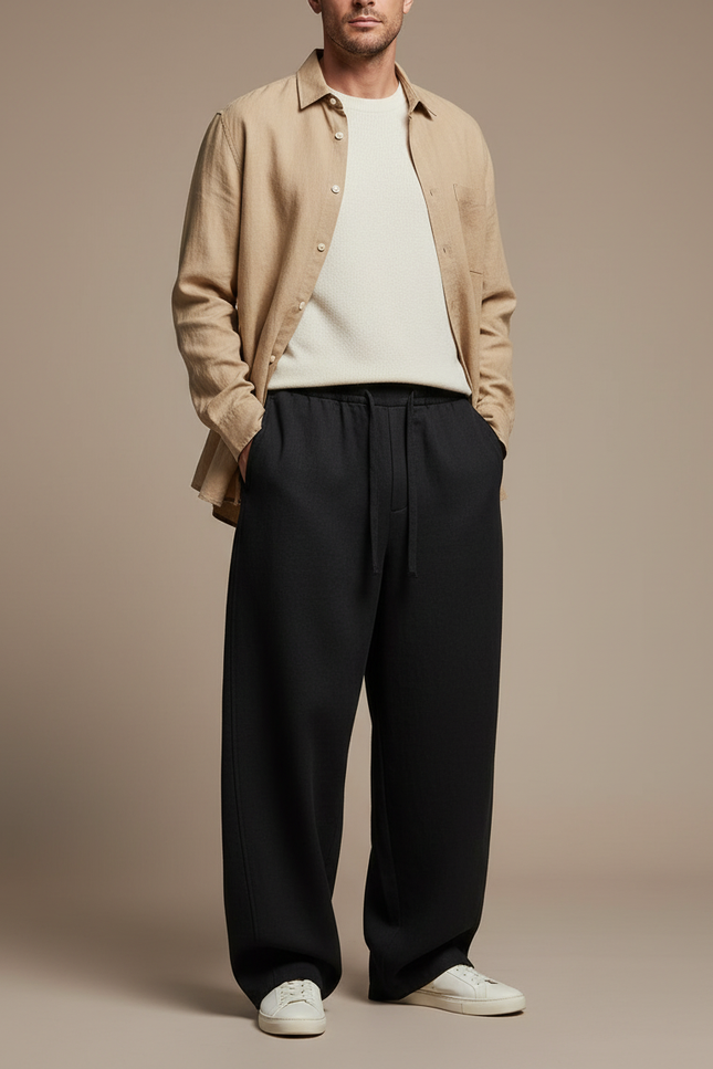 Pantalon Baggy Noir Ample Fluide Cordon Décontracté - Molleton