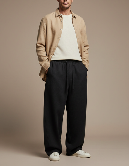 Pantalon Baggy Noir Ample Fluide Cordon Décontracté - Molleton