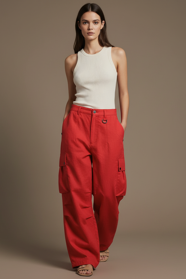 Pantalon Baggy Rouge Cargo Large Décontracté Femme - Lin