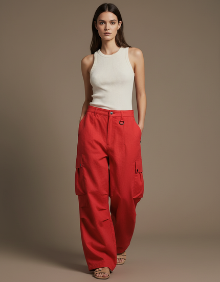 Pantalon Baggy Rouge Cargo Large Décontracté Femme - Lin