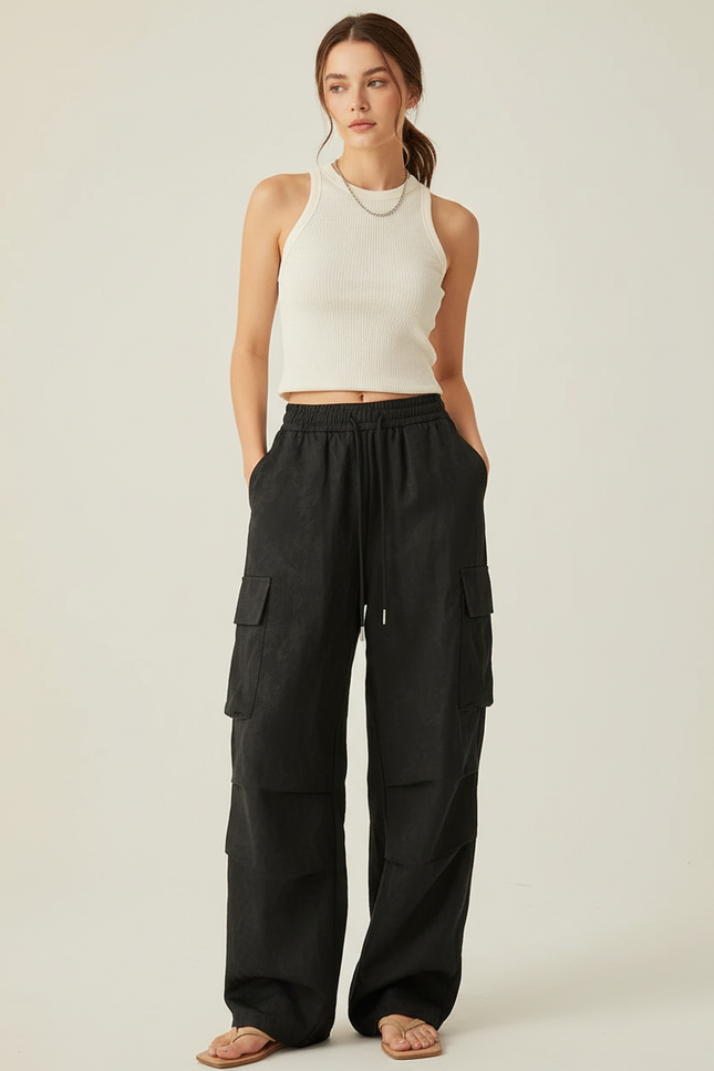 Pantalon Baggy Noir Ample Cargo Fluide Femme - Polyester
