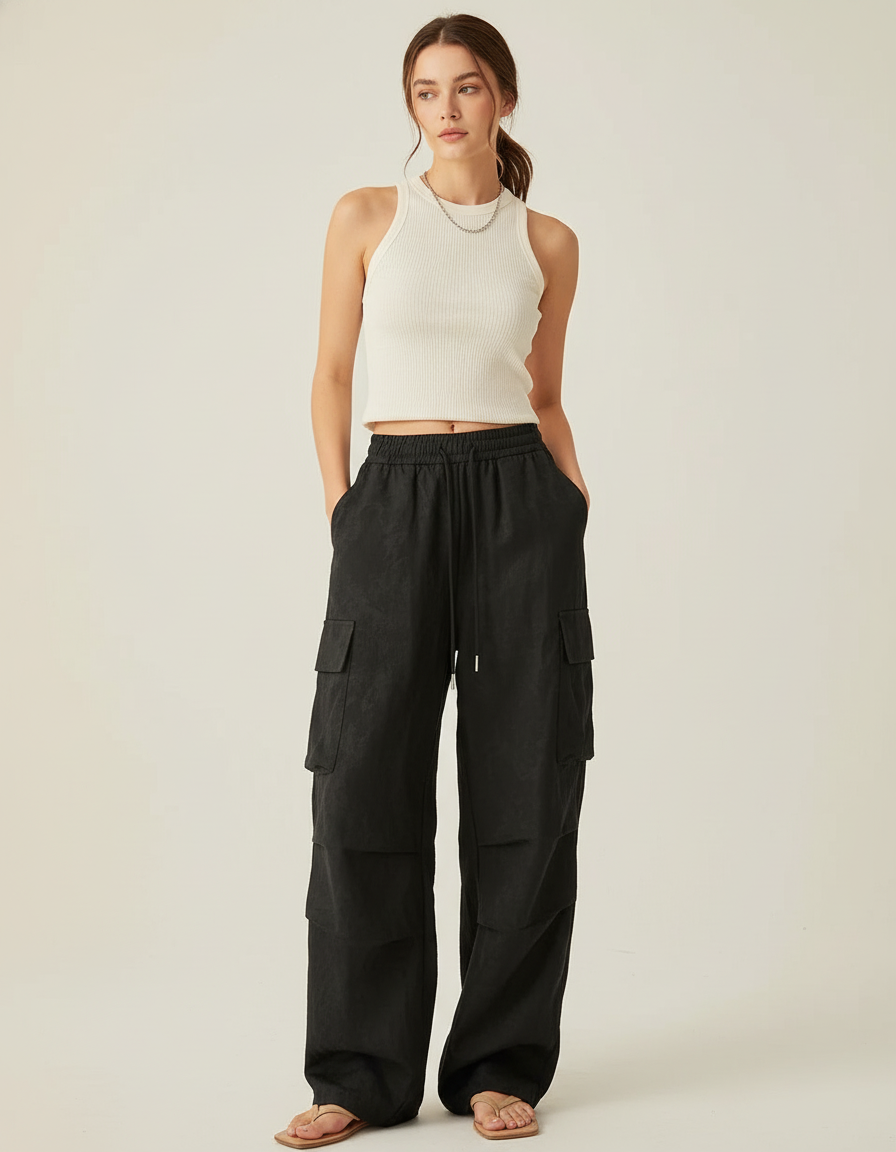Pantalon Baggy Noir Ample Cargo Fluide Femme - Polyester