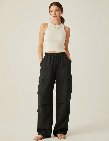 Pantalon Baggy Noir Ample Cargo Fluide Femme - Polyester
