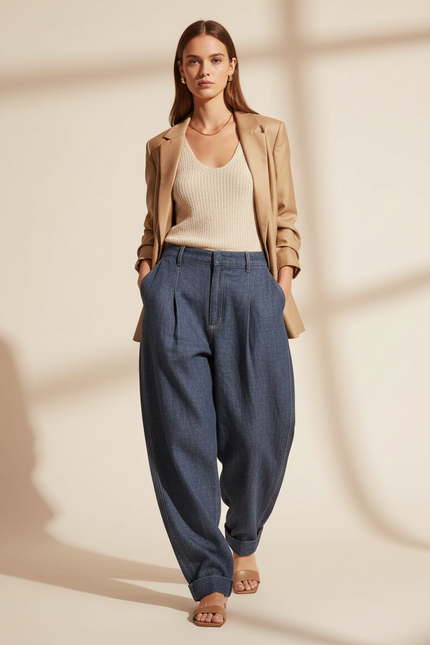 Pantalon Baggy Jean Bleu Ample Plissé Femme