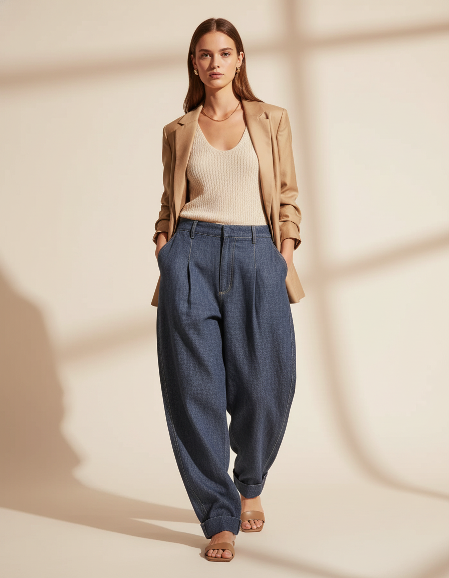 Pantalon Baggy Jean Bleu Ample Plissé Femme