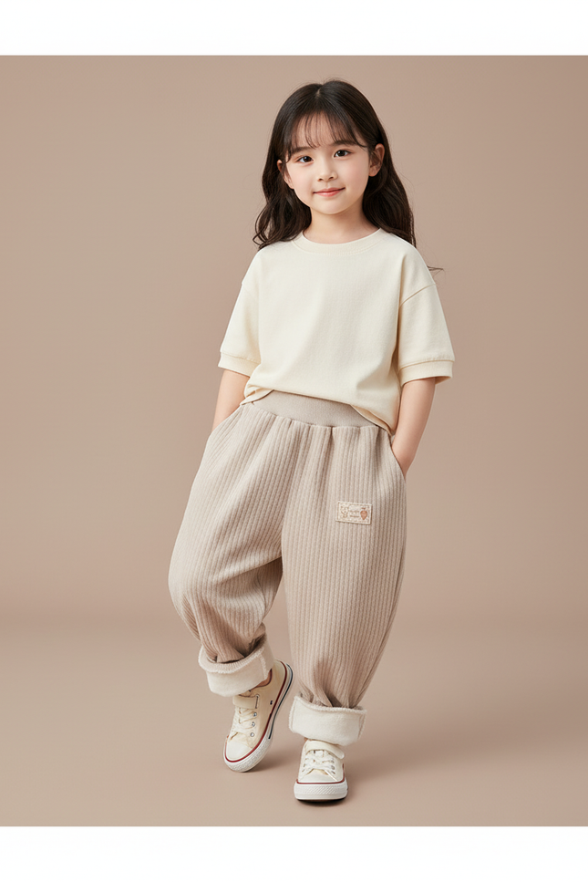 Pantalon Baggy Beige Côtelé Ample Décontracté Doublé Hiver - Cordé