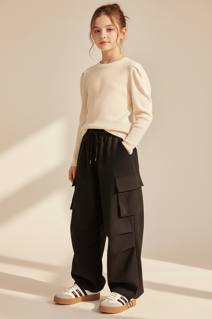Pantalon Baggy Noir Ample Poches Cargo Cordon - Molleton