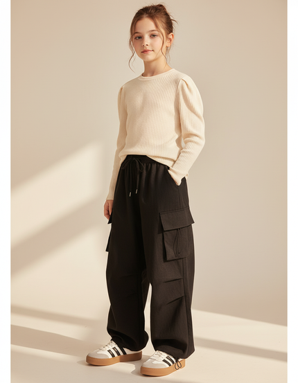 Pantalon Baggy Noir Ample Poches Cargo Cordon - Molleton