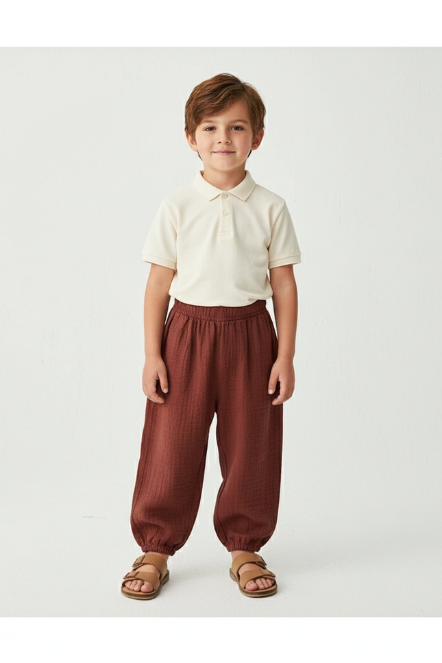 Pantalon Baggy Marron Ample Coton Lin Enfant