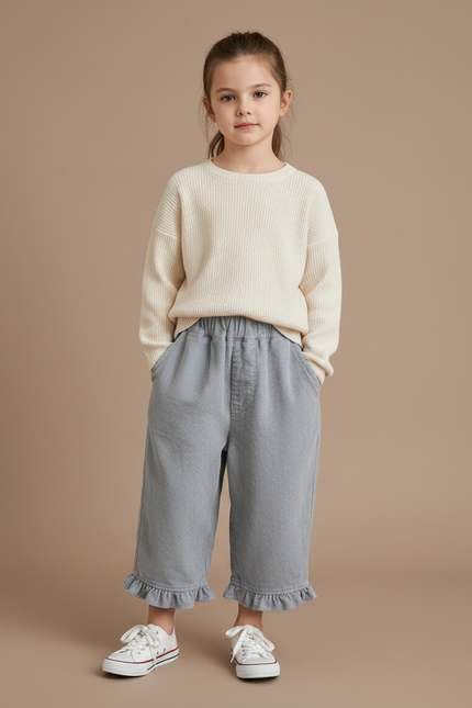 Pantalon Baggy Gris Côtelé Volants Confortable Fille - Cordé