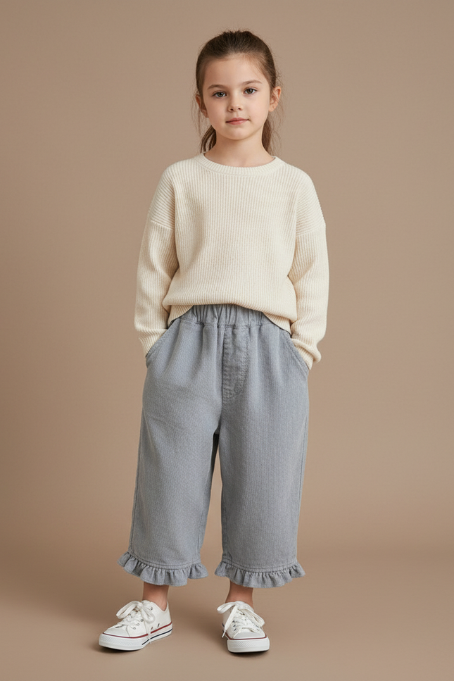 Pantalon Baggy Gris Côtelé Volants Confortable Fille - Cordé