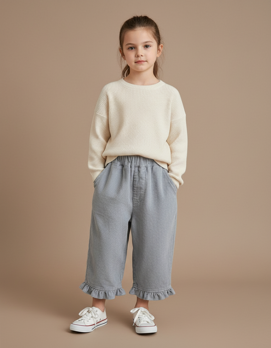 Pantalon Baggy Gris Côtelé Volants Confortable Fille - Cordé