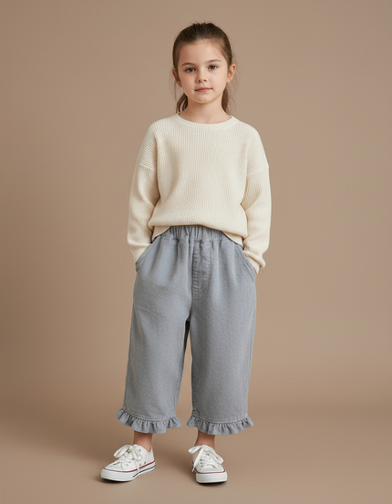 Pantalon Baggy Gris Côtelé Volants Confortable Fille - Cordé