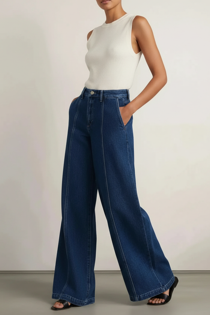 Pantalon Baggy Denim Bleu Marine Large Couture Apparente Femme - Jean