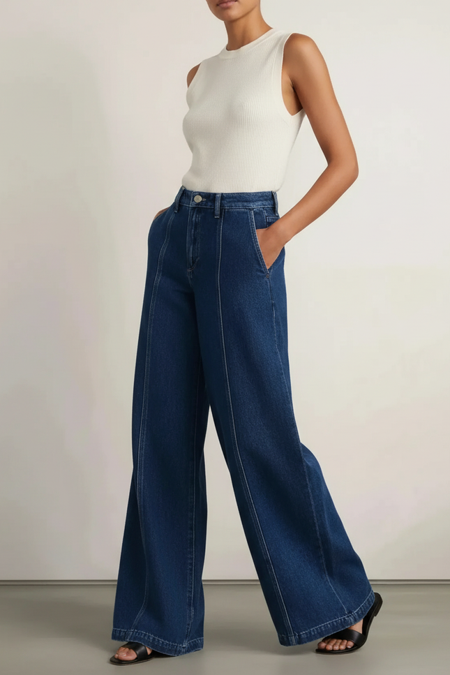 Pantalon Baggy Denim Bleu Marine Large Couture Apparente Femme - Jean