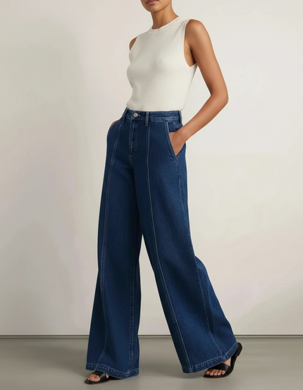 Pantalon Baggy Denim Bleu Marine Large Couture Apparente Femme - Jean
