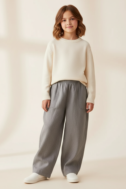 Pantalon Baggy Fille Gris Taille Élastique - Lin