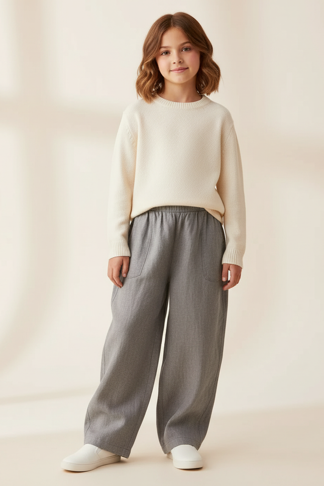 Pantalon Baggy Fille Gris Taille Élastique - Lin