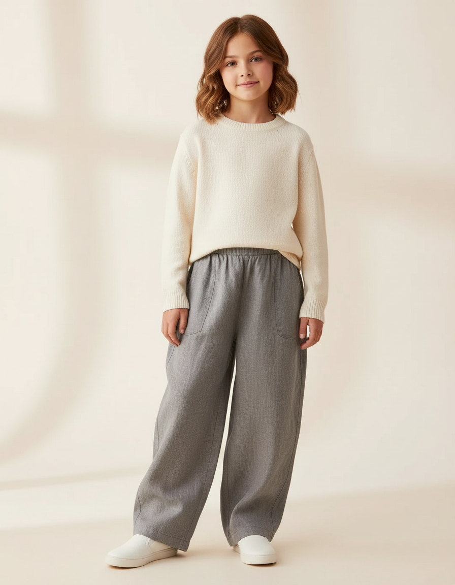 Pantalon Baggy Fille Gris Taille Élastique - Lin