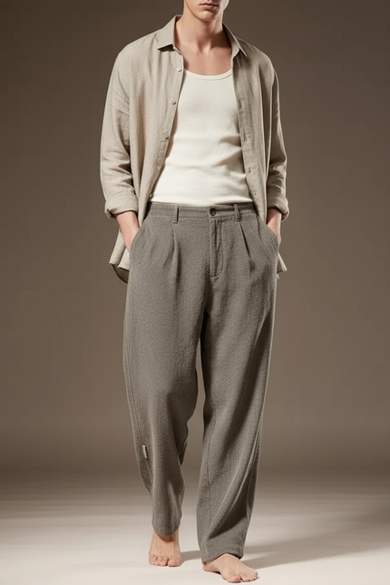 Pantalon Baggy Gris Coton Ample Plissé Décontracté