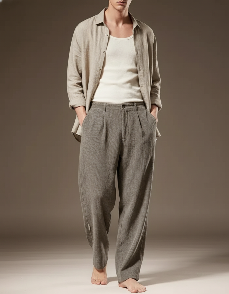 Pantalon Baggy Gris Coton Ample Plissé Décontracté