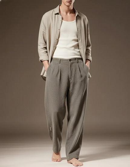 Pantalon Baggy Gris Coton Ample Plissé Décontracté
