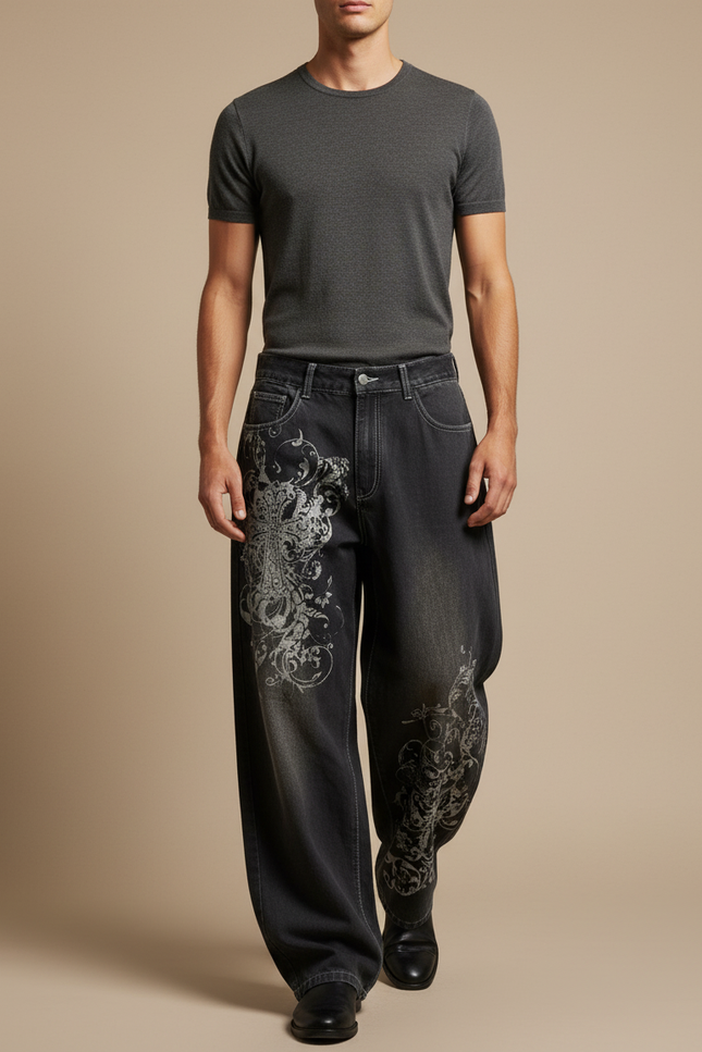 Pantalon Baggy Denim Noir Imprimé Ample Streetwear - Jean