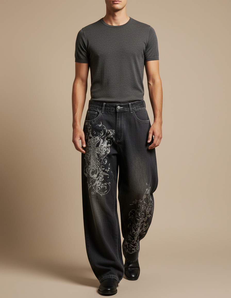 Pantalon Baggy Denim Noir Imprimé Ample Streetwear - Jean