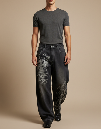Pantalon Baggy Denim Noir Imprimé Ample Streetwear - Jean
