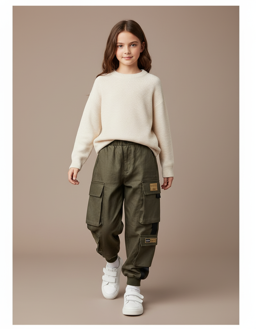 Pantalon Baggy Kaki Cargo Ample Enfant Coton