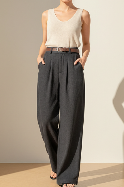 Pantalon Baggy Femme Gris Taille Haute Coton 2 - Laine
